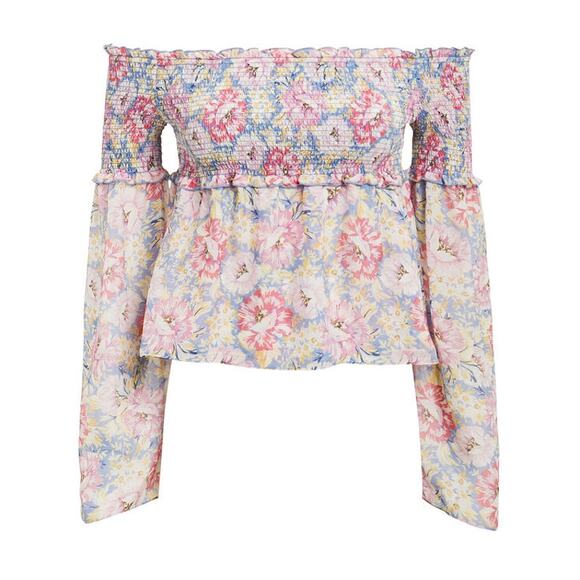 INTERMIX Lucy Silk Off-the-Shoulder Smocked Floral Long Sleeve Top | Small - Picture 9 of 10